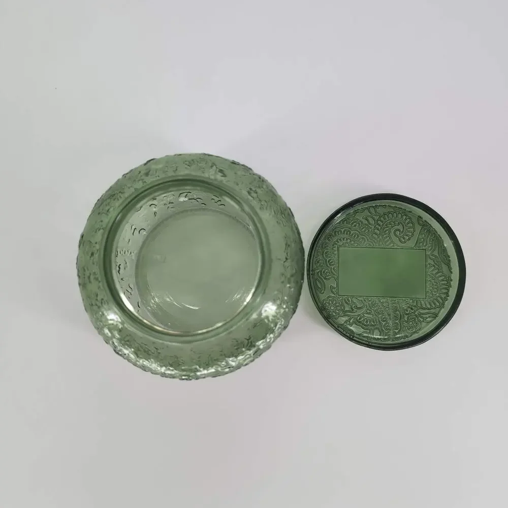 Empty Avocado Dark Green Candle Jar Container Bowl with Matching Glass Lid - GUC